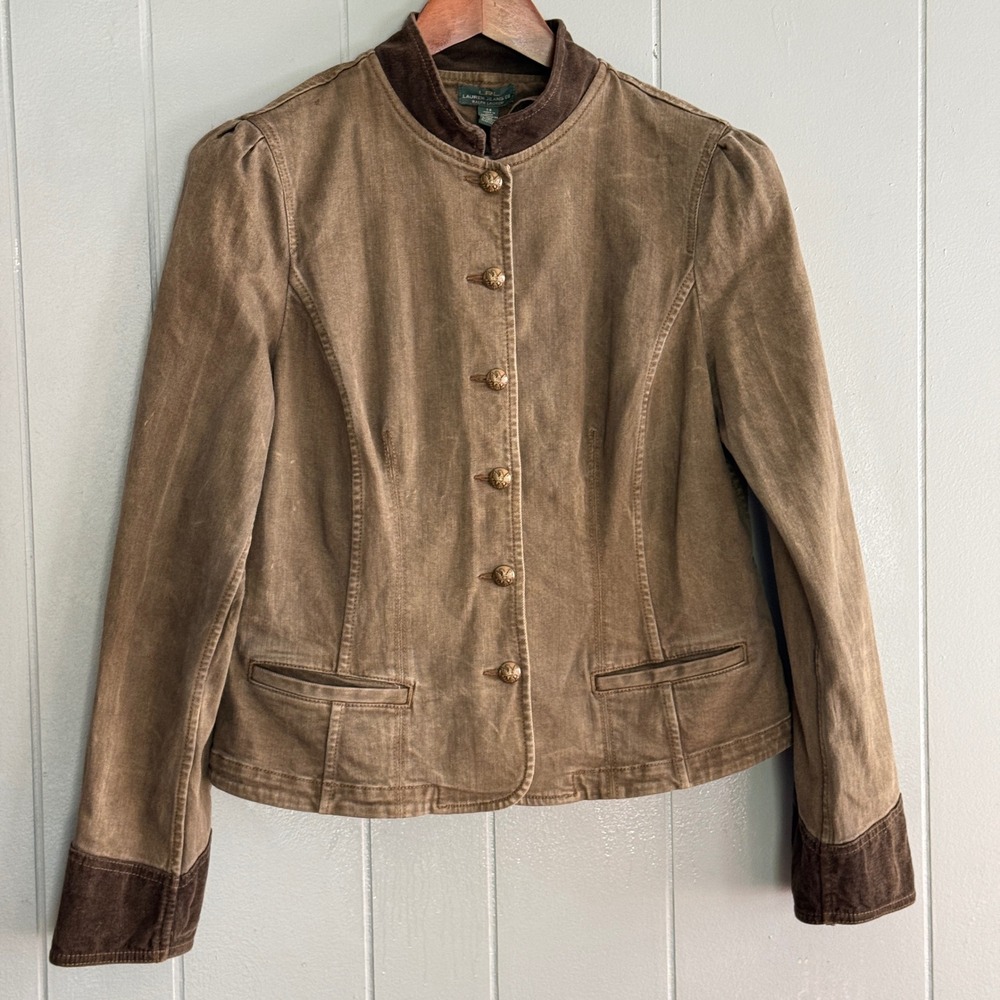 Ralph Lauren Military Napoleon Jacket 14 Corduroy Trim Eagle Buttons Olive Brown